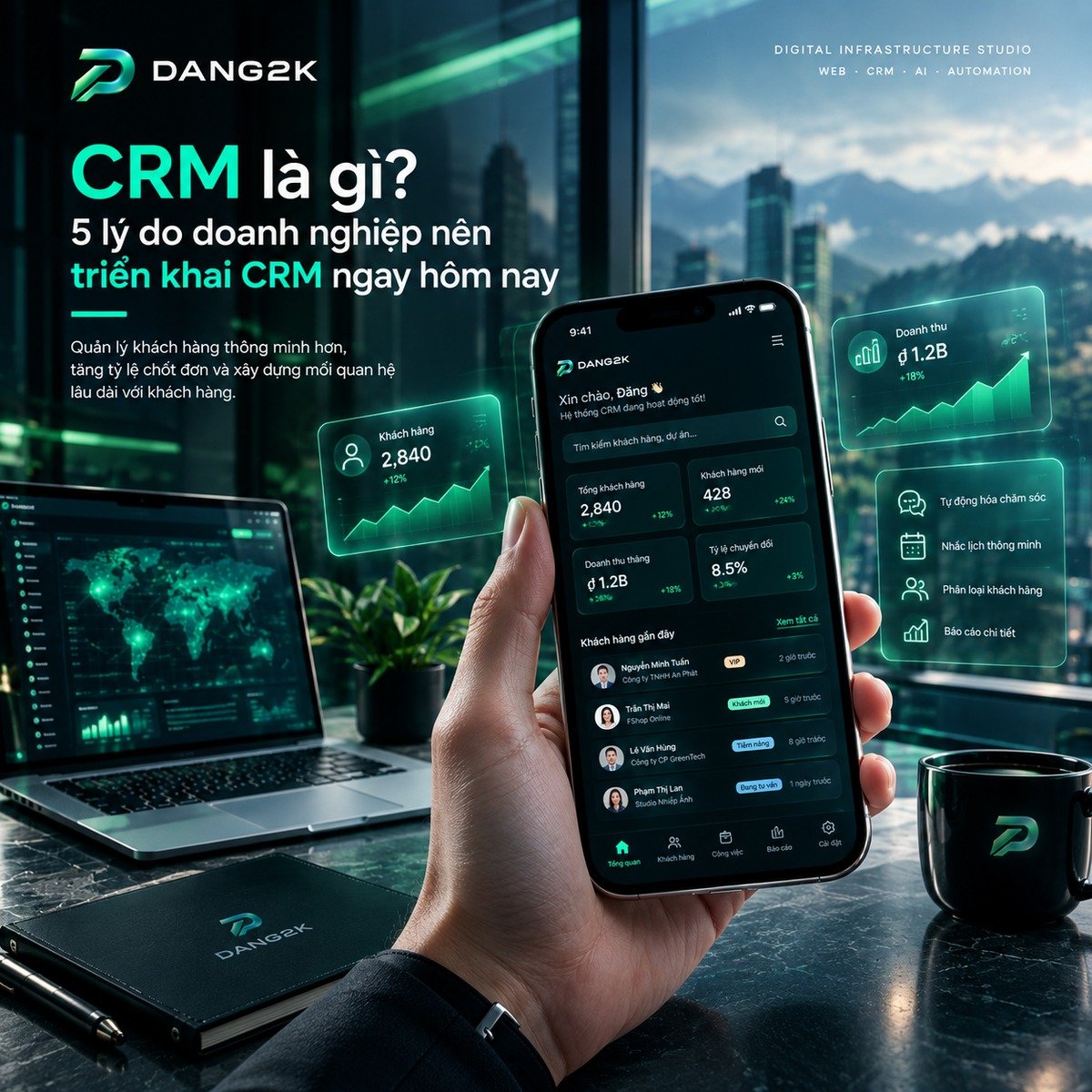 CRM là gì - điện thoại hiển thị tin nhắn khách hàng và biểu đồ tăng trưởng doanh số, thương hiệu DANG2K