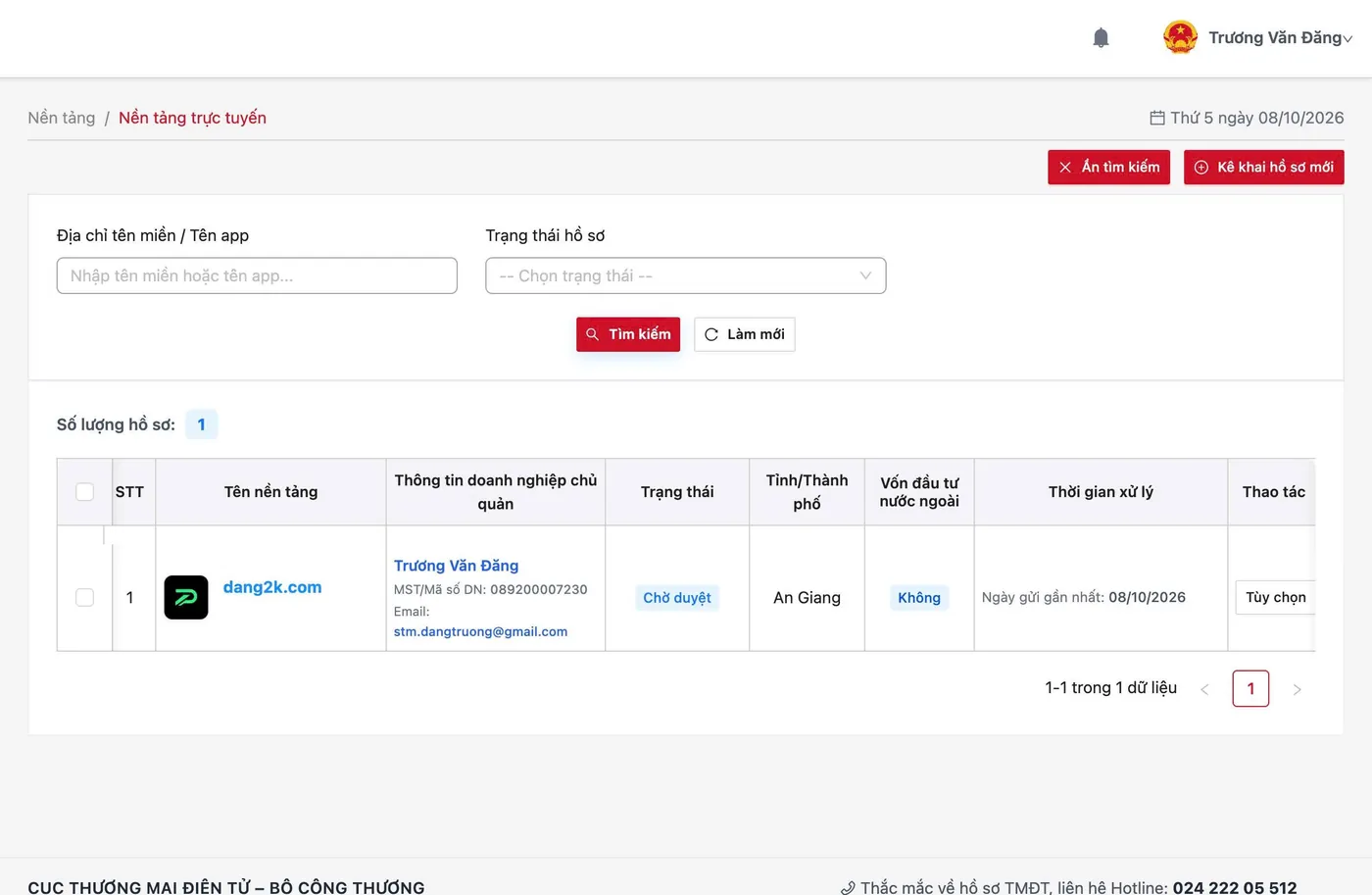 Hồ sơ thông báo nền tảng dang2k.com trên online.gov.vn, trạng thái Chờ duyệt ngày 08/10/2026