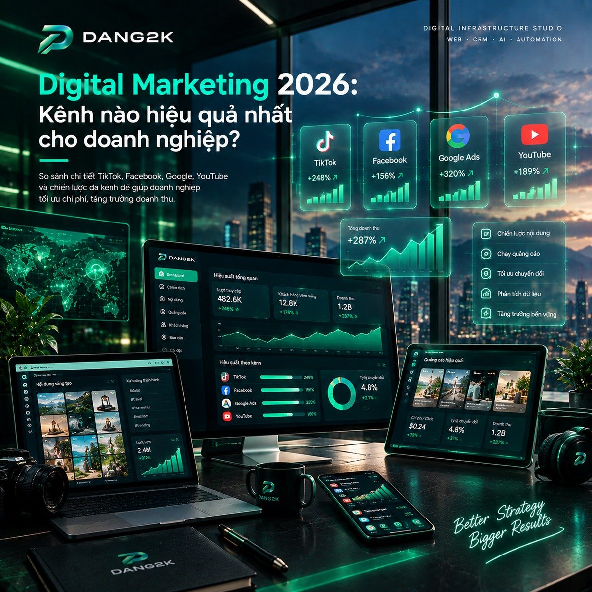 Digital Marketing 2026 - biểu đồ tăng trưởng cùng biểu tượng mạng xã hội, thương hiệu DANG2K