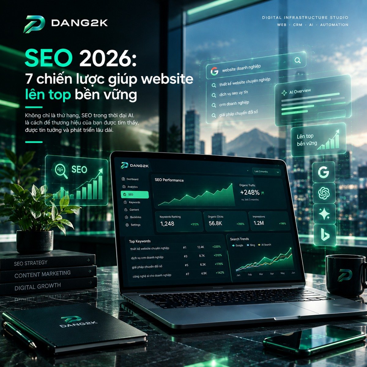SEO 2026 - thanh tìm kiếm Google với biểu đồ tăng trưởng thứ hạng website, thương hiệu DANG2K