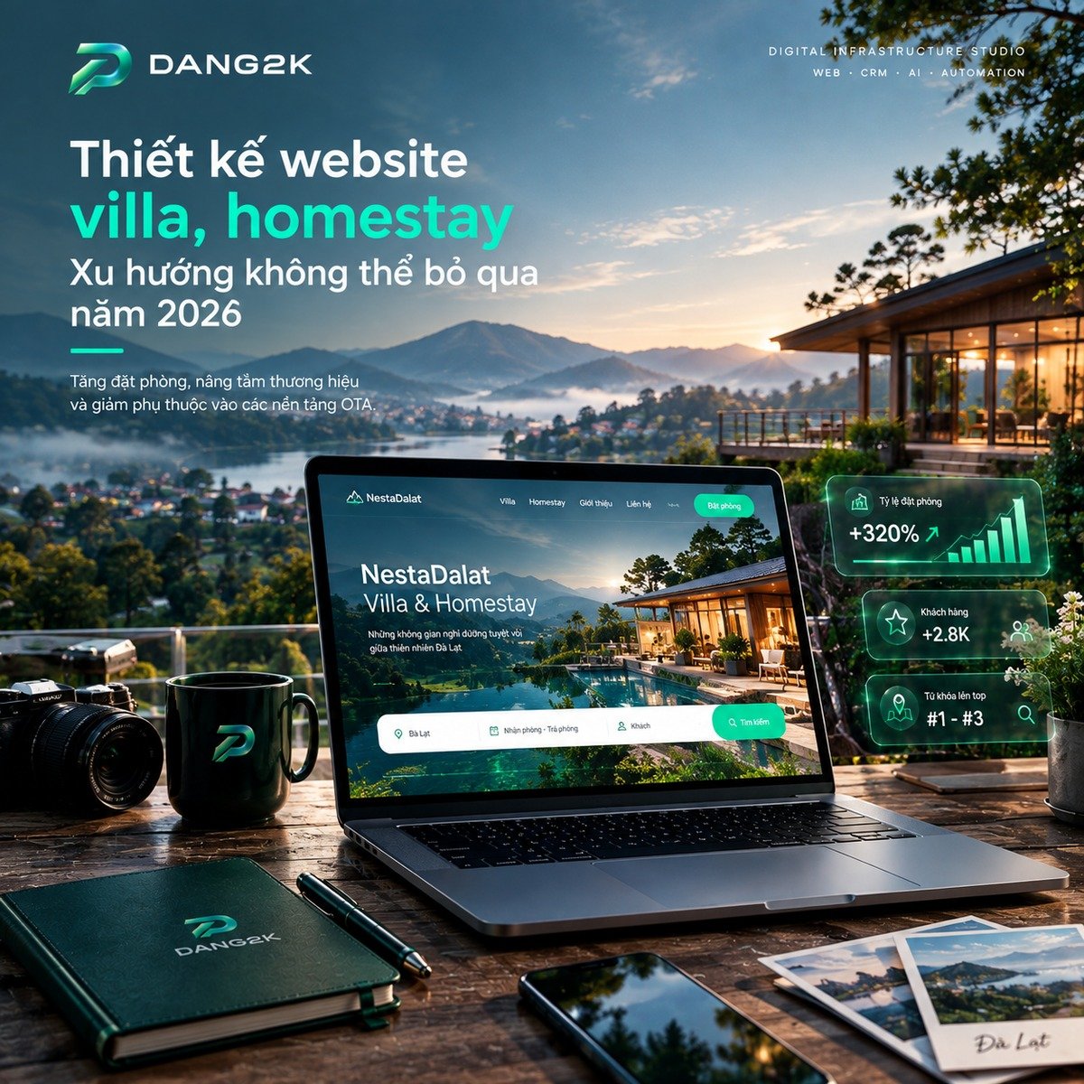 Thiết kế website đặt phòng villa homestay hiển thị trên laptop và điện thoại, thương hiệu DANG2K