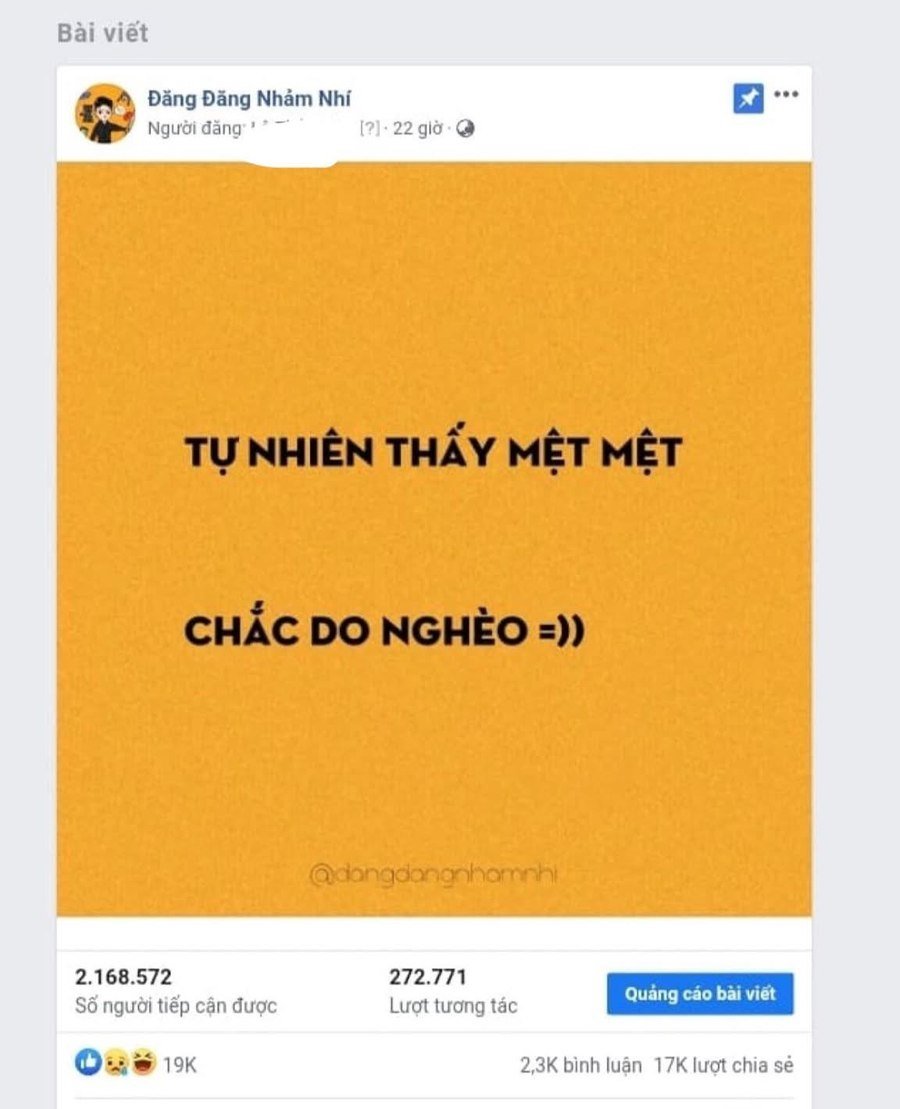 Fanpage cá nhân Đăng Đăng Nhảm Nhí của Trương Văn Đăng - 2.1 triệu người tiếp cận 1 bài viết